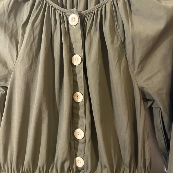 J-Crew Olive Green Cotton Poplin Tie-Sleeve Button-Front Romper Size Small - Picture 2 of 7